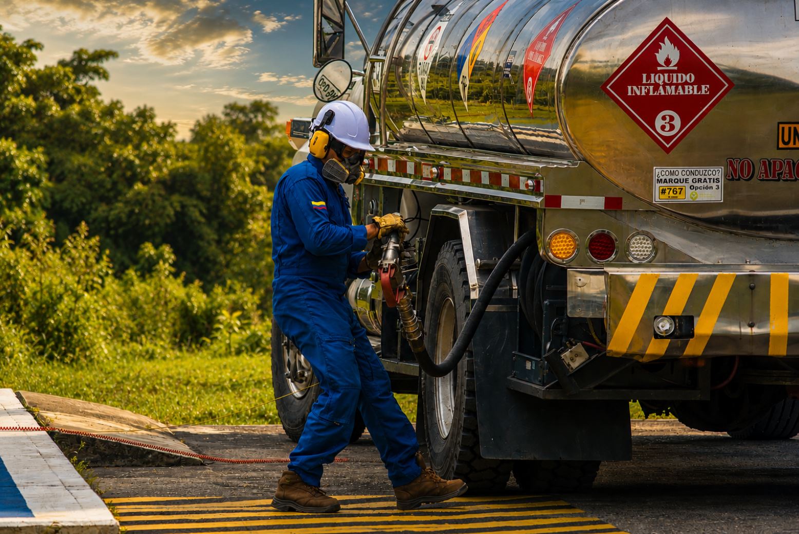 Técnico realizando operación de combustible en carrotanque